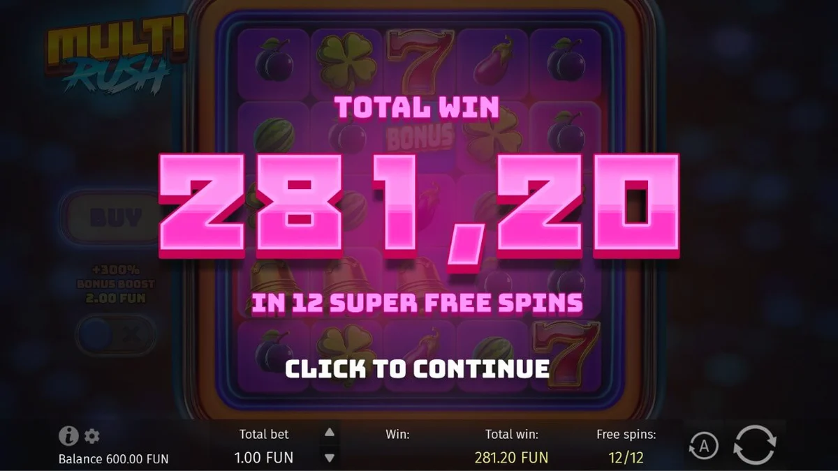 Tampilan layar permainan slot Multi Rush dengan simbol buah neon dan grid cluster pays